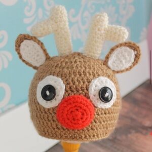 Crochet Rudolph the Red Nose Reindeer Hat